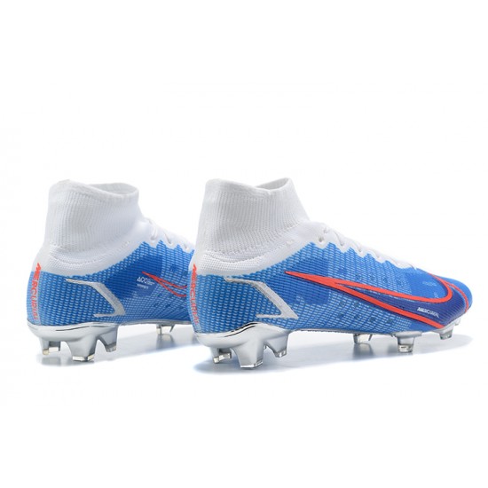 Nike Mercurial Superfly 8 Elite FG High White Blue Silver Men Football Boots