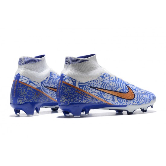 Nike Air Zoom Mercurial Superfly Ix Elite FG White Blue Gold Men High Football Cleats